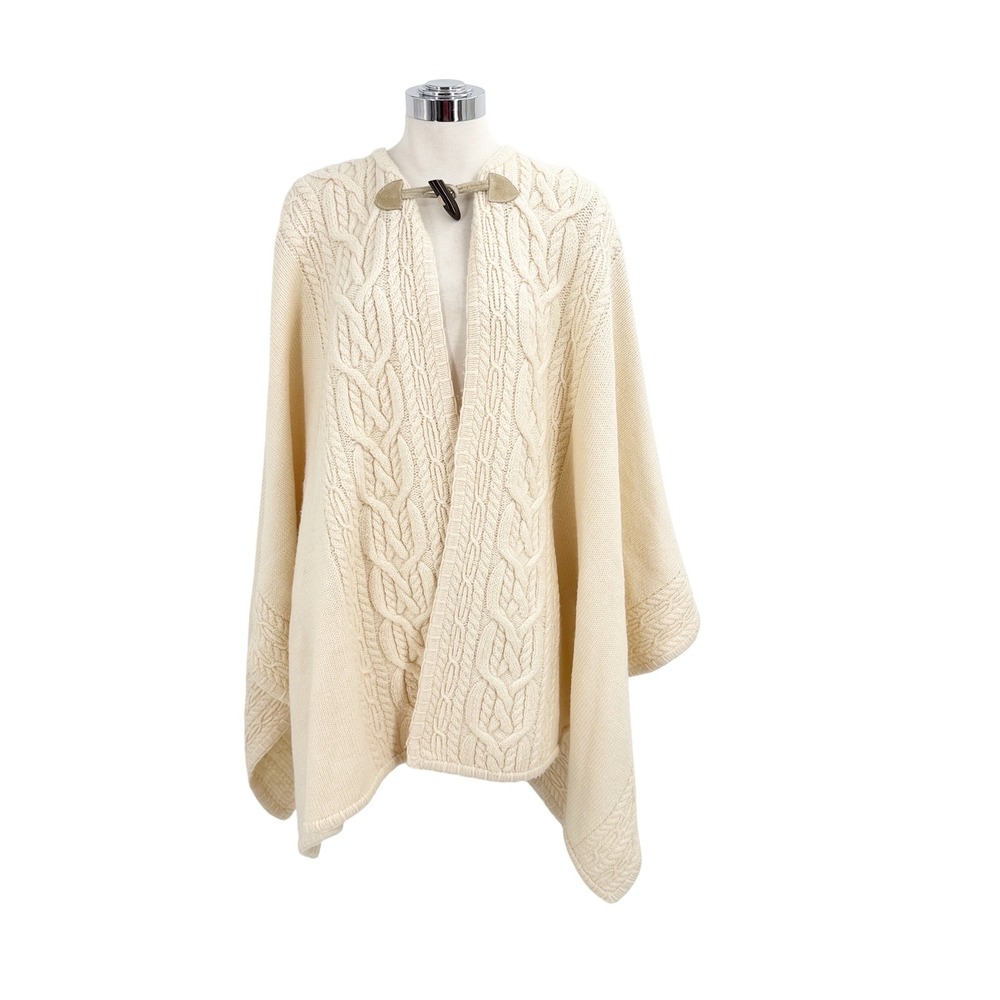 Lauren Ralph Lauren Hand Knit Wool Cable Poncho Cream Toggle Wrap Sweater Size 1